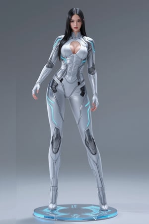 A high-quality anime-style figure of a stunning futuristic mech girl, dressed in sleek, high-tech armor. The figure features long, flowing black hair with a metallic sheen, cascading down her back, and her body is encased in a slim-fitting, glossy white and silver exosuit, highlighting her futuristic appearance. She is posed leaning slightly forward, with her hands resting together, exuding both elegance and power. Her armor is intricately designed, with glowing neon blue lines running across her body, giving off a high-tech, cybernetic vibe. Her legs are clad in form-fitting, armored plating that accentuates her sleek silhouette, with mechanical joints and robotic details visible at the knees and ankles. She stands on a clear, minimalistic base with holographic elements that create a sense of hovering technology. The design includes advanced weaponry subtly integrated into her armor, and her pose and expression blend grace with the strength of a high-tech warrior., FuturEvoLabGiant, 