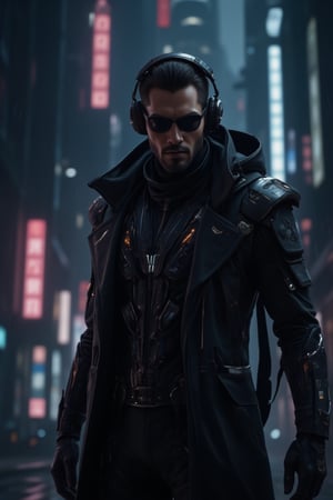 A close-up shot of a man wearing sleek black sunglasses and a long, flowing black leather trench coat, reminiscent of characters from *The Matrix*. His expression is stoic, exuding a sense of mystery and power. The futuristic coat is detailed with subtle metallic accents and cybernetic enhancements visible on his neck and collar. He is also wearing sleek, high-tech headphones that blend seamlessly into the cyberpunk aesthetic, with glowing accents that match the metallic elements of his outfit. The background features a dark, dystopian city with neon lights reflecting off his sunglasses, digital rain falling, and towering skyscrapers in the distance, evoking a cyberpunk atmosphere. The scene is intense and filled with a futuristic, high-tech vibe, focusing on the man's upper body and head, capturing his presence and confidence, FuturEvoLabScene, FuturEvoLabNinja