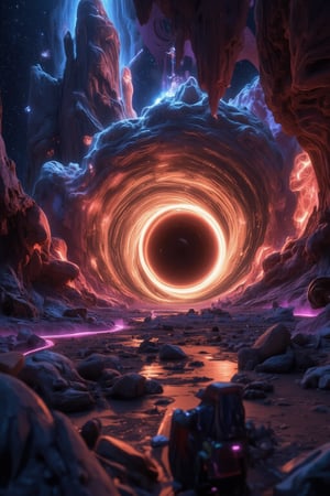 A surreal, hyper-realistic image of a black hole surrounded by vibrant cosmic colors and phenomena. The event horizon appears as a deep, black void, while the accretion disk glows brightly in hues of red, gold, and violet. Streams of energy and light twist and stretch around the black hole, bending due to the immense gravitational pull, creating visual distortions that are both strange and captivating. In the background, swirling clouds of gas and dust stretch across the universe, while nearby stars appear stretched and distorted due to gravitational lensing. The overall scene captures the power and mystery of a black hole with a fantastical, yet scientifically inspired, aesthetic, FuturEvoLabScene