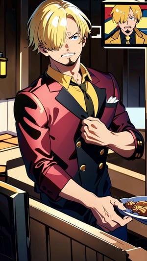 8k, best quality, ultra high res, masterpiece, , sanji2, suit, hair_over_one_eye, yellow hair, eyebrow, black shirts, necktie, Burgundy jacket, facial hair, cowboy shot, cooking, Thanksgiving turkey, roasted turkey, Cyberpunk