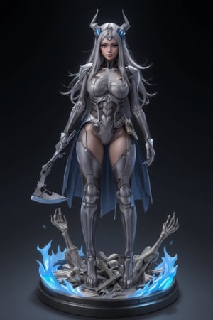 FuturEvoLabFigure, 
An anime-style figure of a girl dressed as a skeleton warrior, featuring an intricately designed bone-like armor. Her outfit consists of skeletal elements covering her body, with glowing blue eyes and a scythe in hand. The base is decorated with skeletal remains and eerie blue flames, creating a spooky yet powerful Halloween atmosphere.