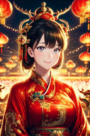 (masterpiece, high quality:1.5), Vibrant, detailed, high-resolution, artistic, majestic, magnificent, elaborate detail, awe-inspiring, splendid, celebratory, 
1 girl, China Tang Dynasty costumes, elegant, traditional, culturally rich, 
night sky, grand fireworks display, glowing red lanterns, cultural heritage, festive atmosphere, ancient cityscape, traditional architecture, 
(Giant golden dragon:1.2), flying dragon in the sky, large, majestic, overwhelming presence, by FuturEvoLab, historical, mythical, dynamic, visually striking, Exquisite face,1 girl,More Detail,Oiran,Exquisite face