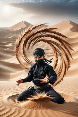 A ninja performing Earth-style ninjutsu in the desert. The ninja is concentrating, with hands in a unique seal position, as earth and sand swirl around him, forming intricate patterns. The background shows a vast desert landscape, with dunes stretching into the horizon under a clear sky. The scene captures a moment of intense focus and power, as the ninja harnesses the earth element.