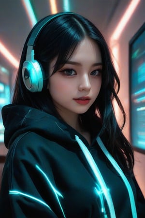 masterpiece, best quality, Anime, 1girl, solo, long straight hair, jet-black hair with neon highlights, looking at viewer, upper body, Cybernetic Lab Background, minimal background, neon blue and green lighting, soft shadows, focused expression, detailed skin, smooth features, cyber setup, classic portrait style, high clarity, simple background, cinematic lighting, wearing a sleek black hoodie with holographic elements and high-tech headphones, futuristic and edgy, FuturEvoLabMecha, FuturEvoLabAnime