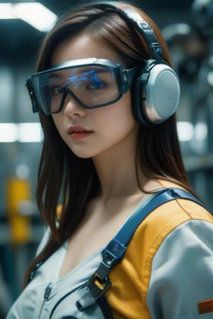 masterpiece, best quality, photorealistic, 1girl, solo, shoulder-length hair, dark brown hair, looking at viewer, upper body, Futuristic Workshop Background, minimal background, natural light, smooth shadows, focused expression, detailed skin, soft features, industrial setup, classic portrait style, high clarity, simple background, cinematic lighting, wearing a futuristic mechanic jumpsuit with a high-tech headset and goggles, practical and innovative