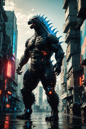 (Masterpiece:1.5), (Best quality:1.5), Godzilla, full body, Cyberpunk style, facing the viewer, Godzilla tail, roar, laser, daytime., Doton, Cyberpunk