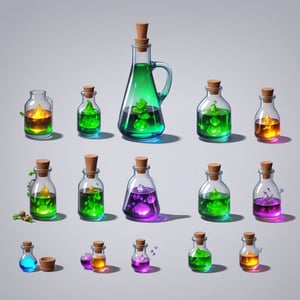 Array of magical world style potion bottles in pixel art, Each item is an independent pixelated entity with high-tech magic stoppers, Arranged in 2D pixel game prop style, No overlapping, Solid gray-black background for easy clipping, High quality, Detailed, Pixelated, Each potion bottle features a unique pixel design with Western fantasy aesthetics,medicine bottle,Crystal style,Crystal game props