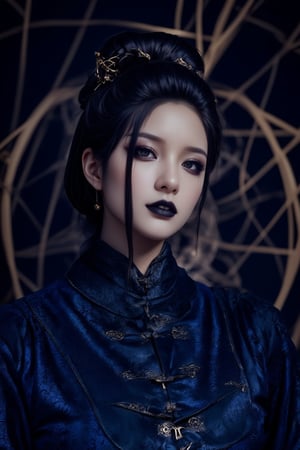 Highly stylized and artistic portrait of a person dressed in traditional Chinese clothing. The subject is wearing traditional dark blue Chinese clothing with intricate patterns. The individual has a fair skin tone and distinct facial features, including dark, dramatic makeup with black lipstick and eye accents. Their hair is styled in an elaborate updo with decorative hairpins. The background is dark, with a geometric, web-like structure framing the subject, adding a modern, abstract element to the composition,Spider spirit Fourth sister,