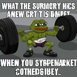 Pepe meme, 
Pepe wearing gym gear, lifting ridiculously large weights with a determined look on his face. The text reads: "When the stock market is down, but you still lift." It's a playful combination of fitness motivation and stock market references.