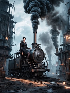 An intricate steampunk illustration of a female mechanic's accountant sitting on top of a large ornate steam engine. A woman, dressed in Victorian costume, is surrounded by gears, levers and other mechanisms. She is hard at work on the ledger as the steam engine emits clouds of smoke from a tall chimney. The overall atmosphere of the image reflects a bygone era where technological advances and industrialization merge to create a unique combination of old and new., vibrant, fashion,FuturEvoLabCyberpunk