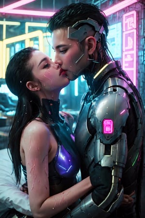 In Cyberpunk Couples Hotel, a man is kissing a woman's mouth, wet kissing, and neon lights are shining on two couples. A woman's mouth is very open and comfortable. Kiss of Cyborg