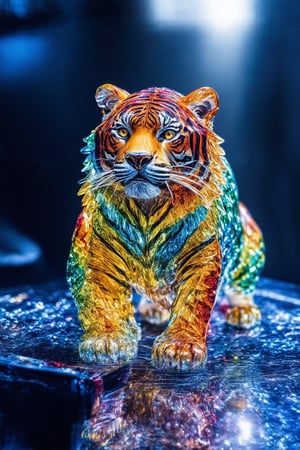 Carved from crystal, a majestic tiger statue stands with stunning elegance and precision. The tiger's mane glows with a mesmerizing array of colors, reflecting light in an enchanting way. This exquisite sculpture captures the essence of strength and grace in a still image. The craftsmanship is impeccable, with every detail meticulously rendered to perfection. Truly a work of art that embodies beauty and skill in its creation.,FuturEvoLabStyle