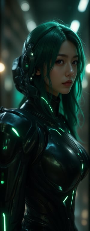 Best quality, masterpiece, ultra high res, (photorealistic:1.5), raw photo, (Masterpiece, Top Quality, Best Quality, Official Art, Beauty and Aesthetics: 1.2), A cybernetic warrior with emerald green hair, shrouded in deep green and black armor. The matte textures of her armor absorb the surrounding light, creating a mysterious and stealthy appearance. Her mech suit features angular shapes and sharp edges, designed for agility and speed. A faint glow emanates from the joints of the armor, adding a sleek, futuristic look. The glowing green eyes of her helmet pierce through the darkness, while her calm, focused expression emphasizes her deadly precision. The dark, metallic armor, adorned with green energy accents, pulses with power, making her presence both elegant and menacing. Eroflo, FuturEvoLabScene.