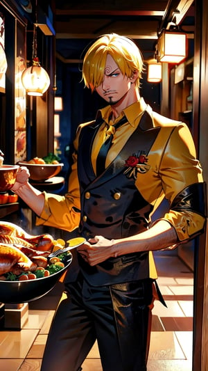 8k, best quality, ultra high res, masterpiece, , sanji2, suit, hair_over_one_eye, yellow hair, eyebrow, black shirts, necktie, Burgundy jacket, facial hair, cowboy shot, cooking, Thanksgiving turkey, roasted turkey, Cyberpunk