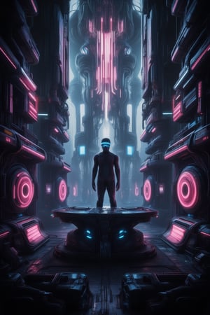 A massive, futuristic DJ music concert unfolds in a high-tech, neon-lit arena. In the center of the stage stands a super cool, futuristic DJ in sleek, cyberpunk-inspired attire. His outfit glows with neon accents, and he wears advanced augmented reality glasses that pulse with the rhythm of the music. The DJ's booth is an impressive fusion of holographic displays and floating control panels, giving him the power to manipulate the soundwaves with gestures and touch. His deck is surrounded by spinning, glowing discs that float and pulse with each beat, creating a visual symphony in sync with the music.,FuturEvoLabScene,FuturEvoLabGiant