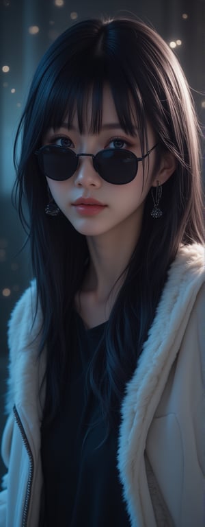 1girl, solo, long hair, looking at viewer, very badass girl, bangs, blue eyes, black hair, jewelry, jacket, upper body, sidelocks, earrings, parted lips, fur trim, black shirt, sunglasses, white jacket, zipper, looking over eyewear, ((masterpiece: 1.2)), light particles, stunning image, attractive image, digital art, professional style, 