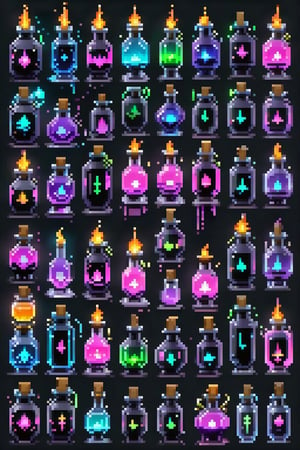 Array of cyberpunk style advanced technology potion bottles in pixel art, Each item is an independent pixelated entity, Arranged in 2D pixel game prop style, No overlapping, Solid gray-black background for easy clipping, High quality, Detailed, Pixelated, Each potion bottle has unique pixel design, Cyberpunk pixel aesthetics