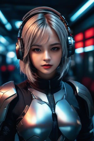 masterpiece, best quality, photorealistic, 1girl, solo, short bob cut, metallic silver hair, looking at viewer, upper body, Dark Urban Background, minimal background, soft red lighting, sharp shadows, determined expression, detailed skin, smooth features, modern setup, classic portrait style, high clarity, simple background, cinematic lighting, wearing a futuristic combat suit with armor plating and advanced tactical headphones, powerful and battle-ready
