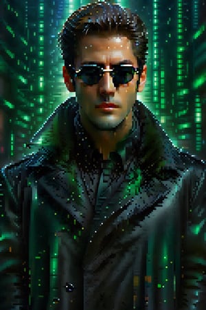 score_9, score_8_up, score_7_up, score_6_up, 
A strikingly enigmatic figure in a sleek black fur coat and stylish sunglasses, the lone man in the matrix exudes an aura of cool sophistication. The scene appears to be a digital rendering, possibly a high-definition photograph, capturing the mysterious individual in exceptional detail. Every strand of fur on his coat, every reflection in his shades, is meticulously depicted, showcasing the impeccable quality of the image. The overall effect is one of intrigue and allure, inviting viewers to delve deeper into the enigma of this captivating character.