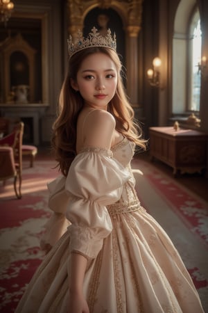 Close-up, a young girl with very beautiful big eyes and long thick eyelashes, 20 years old, resembling Queen Elizabeth I of England. Wearing a crown, full body shot, in a gorgeous queen's dress, standing and dancing gracefully to music, smiling happily in a lavish palace. High quality, 