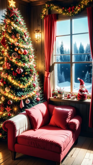 Christmas tea, window overlooking a magical forest, curtains on the window, magic, Christmas background, Mysterious, Mysterious,Christmas Room,Santa Claus