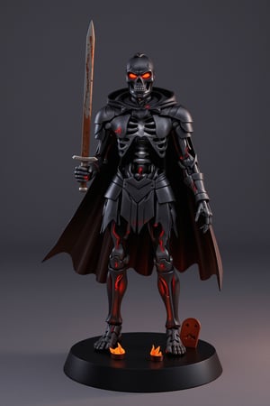 A high-quality anime-style figure of a skeletal knight, dressed in dark, tattered armor with glowing red eyes. His body is made of detailed skeletal parts, with glowing cracks running through the bones, giving him a haunting look. He holds a rusted sword in one hand, and his tattered cape flows behind him. The figure stands on a minimalistic base adorned with glowing embers and small gravestones, capturing the eerie presence of a fallen knight risen from the dead.
