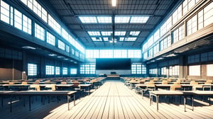 High-resolution, photorealistic image of an empty modern Japanese high school classroom. The perspective is a front-facing view, using a first-person perspective as if someone is lying on the ground looking upwards towards the ceiling. The composition is symmetrical. It is noon on a bright day, with sunlight streaming in from the windows at the side. In the distance, there is a large rectangular black display monitor, Bold design,