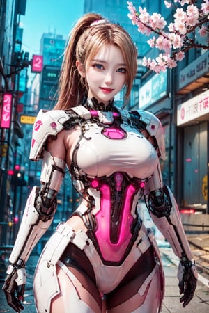 Masterpiece, High quality, 64K, Unity 64K Wallpaper, HDR, Best Quality, RAW, Super Fine Photography, Super High Resolution, Super Detailed, 
Beautiful and Aesthetic, Stunningly beautiful, Perfect proportions, 
1girl, Solo, White skin, Detailed skin, Realistic skin details, 
Futuristic Mecha, Arms Mecha, Dynamic pose, Battle stance, Swaying hair, by FuturEvoLab, 
Dark City Night, Cyberpunk City, Cyberpunk architecture, Future architecture, Fine architecture, Accurate architectural structure, Detailed complex busy background, Gorgeous, Cherry blossoms, ((Depth of field)), 
Sharp focus, Perfect facial features, Pure and pretty, Perfect eyes, Lively eyes, Elegant face, Delicate face, Exquisite face, ,Cyberpunk,Mecha