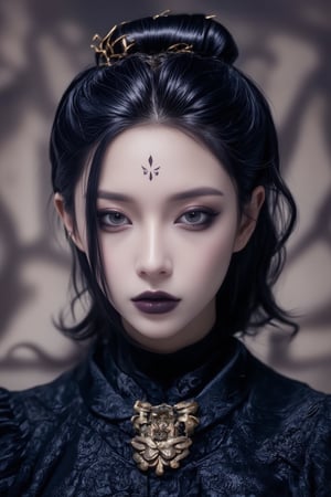 Portrait-style image featuring a person with a striking and elaborate appearance. The subject has a pale skin tone and sharp facial features, including high cheekbones and a defined jawline. Their eyes are accentuated with dramatic, dark makeup that extends outward, creating a bold and intense look. The person has black hair styled in an intricate updo, adorned with a golden hairpin. They are wearing a dark, high-collared garment with a textured, layered design, and a decorative brooch with a star-like pattern. A unique, symmetrical tattoo is prominently displayed on their forehead, adding to the overall mystical and artistic aesthetic of the image. The background is blurred, keeping the focus on the subject's detailed and captivating appearance, Spider spirit Fourth sister, 