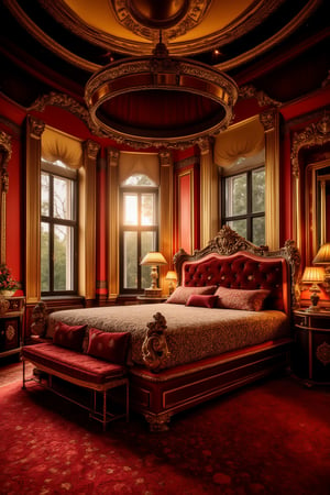 A majestic opulent bedroom with lavish furnishings: Soft golden light pours through floor-to-ceiling windows framing a stately four-poster bed, adorned with intricate carvings and sumptuous fabrics. Plush carpets in rich jewel tones cover the floor, while ornate mirrors and gilded picture frames add to the room's regal atmosphere.,FuturEvoLabRoom