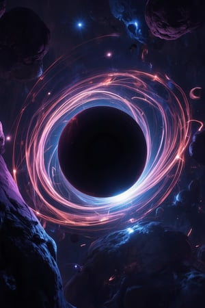 A fantastical and highly realistic black hole scene set in deep space, where the laws of physics seem to break down. The black hole itself is a pitch-black sphere with a glowing, swirling accretion disk of vibrant colors—deep purples, blues, and fiery reds. Light from distant stars bends dramatically around the black hole, creating a gravitational lensing effect that warps the space around it. Streams of energy and particles spiral toward the event horizon, while nearby celestial bodies seem to stretch and elongate as they are drawn into the black hole's pull. The scene is richly detailed, blending real scientific phenomena with the awe-inspiring beauty of the cosmos, FuturEvoLabScene