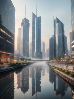 (masterpiece, high quality:1.5), (8K, HDR, highres, ultra-detailed), A photorealistic futuristic cityscape with gleaming glass skyscrapers, soft morning light, misty streets, serene atmosphere, early commuters, reflections in puddles, pastel-colored sky