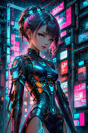 In a cyberpunk fusion with traditional Japanese culture, a young Japanese girl dons a sleek kimono contrasted by a futuristic mechanical arm and intricate piping. The image, likely a digital painting, showcases a blend of old and new elements with a unique twist. The vibrant scene exudes a sense of technological elegance, with neon lights illuminating the girl's stoic expression and the intricate details of her cybernetic enhancements. The high-resolution image captures every intricate detail, from the delicate embroidery on the kimono to the seamless integration of the mechanical arm into the girl's silhouette, creating a visually stunning and thought piece of art.,Cyberpunk geisha