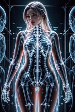 Masterpiece, High quality, 64K, Unity 64K Wallpaper, HDR, Best Quality, RAW, Super Fine Photography, Super High Resolution, Super Detailed, Beautiful and Aesthetic, Stunningly beautiful, Perfect proportions, by FuturEvoLab, 
(X-Ray Style:1.5), X-Ray, X-ray slides of female skeletons, 