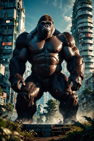 (Masterpiece:1.5), (Best quality:1.5), Cyberpunk style, full body, A towering King Kong, amidst a ruined city, bellows in fury. The massive creature, its fur a shimmering silver, muscles rippling beneath its majestic form, stands as a symbol of primal power and untamed beauty. This remarkable image is a digitally enhanced photograph, capturing every intricate detail with stunning clarity and depth. The backdrop of crumbling buildings and twisted metal only serves to enhance the gorilla's imposing presence, making it a truly unforgettable sight. With each pixel meticulously crafted, this image exudes a sense of awe and wonder, leaving viewers breathless in the face of such magnificence, King Kong,Magic Forest