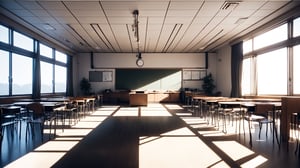 High-resolution, photorealistic image of an empty modern Japanese high school classroom. The perspective is a front-facing view, using a first-person perspective as if someone is lying on the ground looking upwards towards the ceiling. The composition is symmetrical. It is noon on a bright day, with sunlight streaming in from the windows at the side. In the distance, there is a large rectangular black display monitor, and the floor is covered with bedding. Bold design, 