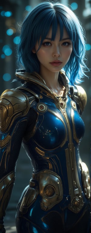 Best quality, masterpiece, ultra high res, (photorealistic:1.5), raw photo, (Masterpiece, Top Quality, Best Quality, Official Art, Beauty and Aesthetics: 1.2), A cybernetic knight with short blue hair, clad in shimmering blue and gold mech armor. The intricate details of her suit glisten under the light, with sharp reflections bouncing off the gold trims and the cool metallic blue surface. Her armor has a regal, knightly design, incorporating smooth, sleek lines and ornate patterns. The strong lighting highlights the depth and complexity of the armor’s craftsmanship, giving off a noble and futuristic aesthetic. Her determined expression contrasts with the intense glow of the lights, making her presence bold and powerful. The golden helmet, slightly raised, adds a sense of royalty to the high-tech, sci-fi design. Eroflo, FuturEvoLabScene.