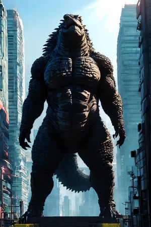 (Masterpiece:1.5), (Best quality:1.5), Cyberpunk style, full body, A towering, majestic Godzilla, towering above the city with scales shimmering in the sunlight. This larger-than-life reptilian creature is depicted in a realistic painting, showcasing its iconic features in intricate detail. The artist expertly captures the creature's immense power and strength, with every scale, claw, and fang meticulously rendered. The image exudes a sense of awe and wonder, drawing viewers into the fantastical world of this legendary monster.