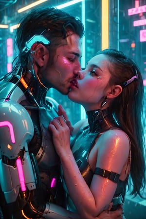 In Cyberpunk Couples Hotel, a man is kissing a woman's mouth, wet kissing, and neon lights are shining on two couples. A woman's mouth is very open and comfortable. Kiss of Cyborg