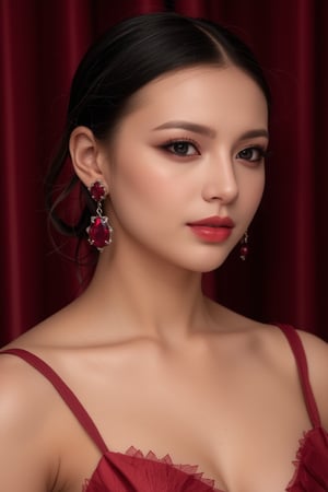 A close-up photo of the model wearing statement ruby earrings, matched with a classic red gown. The deep maroon background contrasts with her soft features and bold, red lips, placing emphasis on one earring, representing opulence and allure.
