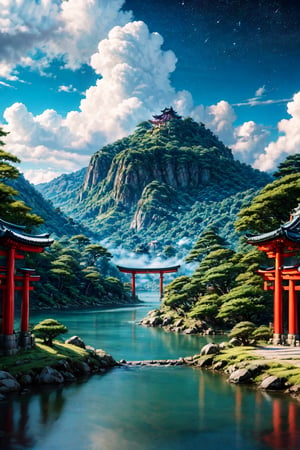 (Masterpiece, High quality), 64K, Unity 64K Wallpaper, HDR, Best Quality, RAW, Super Fine Photography, Super High Resolution, Super Detailed, Photographer's masterpiece, artist's masterpiece, by FuturEvoLab, Perfect proportions, Beautiful and Aesthetic, Stunningly beautiful, 
Pure scenery, Japanese scenery, Japanese shrines, torii, night sky, gorgeous starry sky, brilliant lake,