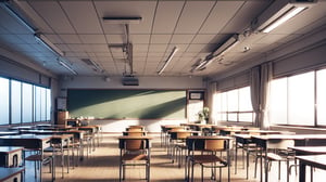 High-resolution, photorealistic image of an empty modern Japanese high school classroom. The perspective is a front-facing view, using a first-person perspective as if someone is lying on the ground looking upwards towards the ceiling. The composition is symmetrical. It is noon on a bright day, with sunlight streaming in from the windows at the side. In the distance, there is a large rectangular black display monitor, Bold design,