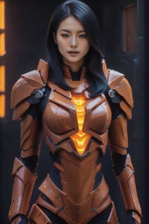 masterpiece, best quality, realistic, 1girl, solo, looking at viewer, black hair, standing, cowboy shot, armor, black background, FuturEvoLabMecha, FuturEvoLabCyberpunk, FuturEvoLabCity, FuturEvoLabAnime, 