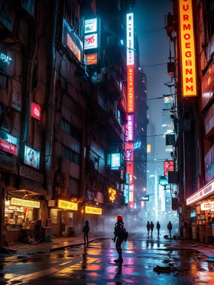 (masterpiece, high quality:1.5), (8K, HDR, ultra-detailed), 
cyberpunk girl, futuristic girl, 
digital art piece, against a misty post-apocalyptic cityscape, a humanoid robot stands tall, its orange head and large black eyes surveying the desolate surroundings, wearing a black leather jacket, raises its right hand near its head, urban street lined with neon signs and advertisements, futuristic glow amidst ruins, abandoned vehicles, dilapidated buildings, fog swirls around the robot, shrouding in mystery, dystopian landscape, dystopian cyberpunk, photorealistic
, FuturEvoLabCyberpunk, FuturEvoLabGirl, 
