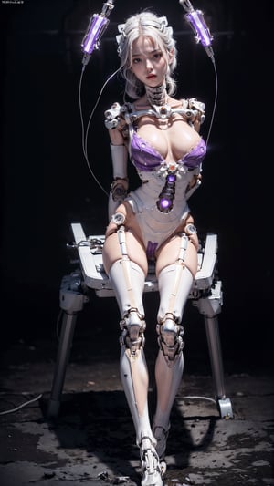 (((Masterpiece)))), (((highest quality)))), ((Ultra Definition)), (Very Detailed Photoreality), (((Very Delicate and Beautiful)), (Delicate and Pretty Face),  (((gigantic breast))), Cinematic Light, (((1 Machine Girl)), Solo, Full Body, Big, Cleavage Is Visible Skin, White Hair, Purple Eyes, Luminous Eyes, (Mechanical Joint: 1.4), (Mechanical limbs)), (Blood vessels connected to tubes), (( Mechanical vertebrae attached to the back)), ((Cervical vertebrae of the machine) attached to the neck)), (((sitting)), expressionless, (wires and cables attached to the head and body: 1.5), (character focus), small LED lamps on the body, Evangelion, SF, metallic body, detailed neon,机甲少女