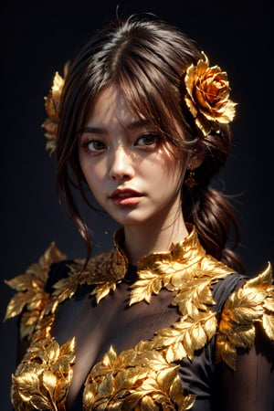 Mysterious face woman, richly textured gold-trimmed black roses and lifelike flowers, ultra high resolution, by FuturEvoLab, dynamic lighting.