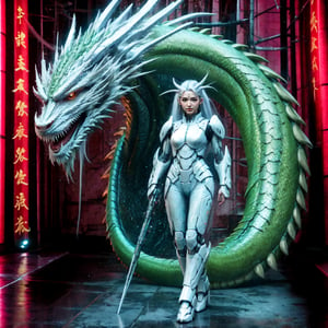 Full body, outer_space, robot female, human face, dragon skin, dragon scale pattern ,holding dragon head weapon, with long white hair,dragon-themed, complex background:1.1,Chinese Dragon,Mecha,Cyberpunk,Katon