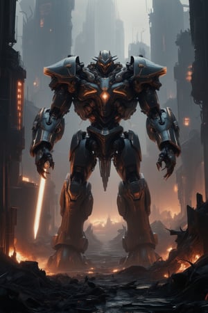 A futuristic mecha giant stands proudly in a desolate cityscape at sunset, its metallic body glowing with an otherworldly aura. The massive robot's arms stretch wide, holding aloft a gleaming sword, as it gazes out upon the ruins of civilization. Smoke and flames dance in the background, while neon lights flicker to life on the mecha's chest, casting an eerie glow over the devastation.,FuturEvoLabArmor,FuturEvoLabMecha,FuturEvoLabGiant