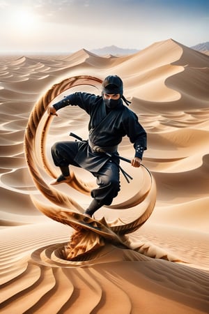 A ninja performing Earth-style ninjutsu in the desert. The ninja is concentrating, with hands in a unique seal position, as earth and sand swirl around him, forming intricate patterns. The background shows a vast desert landscape, with dunes stretching into the horizon under a clear sky. The scene captures a moment of intense focus and power, as the ninja harnesses the earth element.