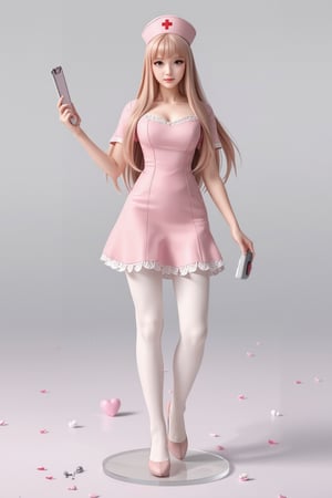 A high-quality anime-style figure of a stunning nurse, dressed in a cute and elegant pink nurse uniform. The figure features long, flowing hair cascading down her back, with a soft, gentle expression that exudes warmth and care. She is wearing a traditional nurse outfit, including a fitted pink dress with white accents and a matching pink nurse cap with a red cross emblem. Her dress is designed with delicate details, such as lace trim around the edges, and slightly flared at the hem, giving it a graceful, feminine touch. She holds a clipboard in one hand and a small medical kit in the other, adding to the authentic nurse aesthetic. Her stockings are white, paired with simple pink shoes, completing the professional yet cute look. The figure stands on a clear, minimalistic base with soft medical-themed elements, like a stethoscope and tiny red hearts, enhancing the nurturing, caring atmosphere. Her expression is kind and welcoming, making her appear as a compassionate and skilled nurse in a soft, pink-themed setting.
